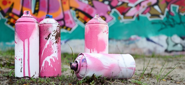 Zużyte Puszki Z Farbą Leżą Na Ziemi W Pobliżu ściany Z Pięknym Obrazem Graffiti