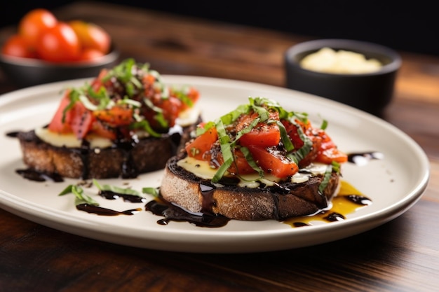 Zwęglony czarny chleb bruschetta z wędzoną goudą na naczyniu