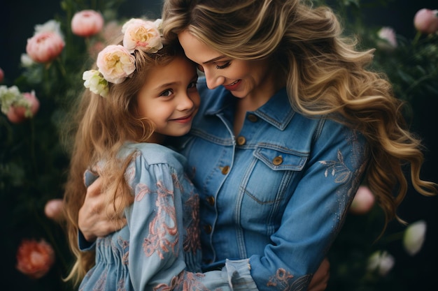 Związek miłości Matka uściska swoją córkę z rozkwitającą miłością