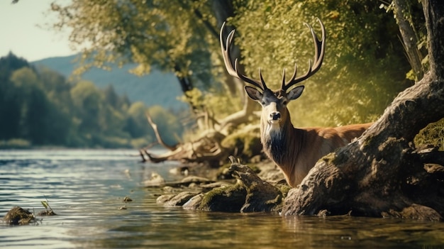 Zdjęcie zwierzę jelenia siedzącego na brzegu rzeki ai wygenerowane zdjęcia