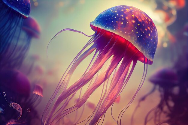 Zwierzę Jellyfish Portret meduzy Malowanie ilustracji w stylu sztuki cyfrowej