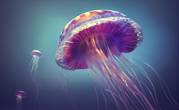 Zwierzę Jellyfish Portret meduzy Malowanie ilustracji w stylu sztuki cyfrowej