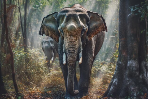 Zwierzęcy słoń tajski w lesie Generatywna AI