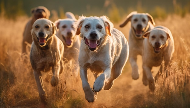 Zwierzęta golden retriever biegające w generatywnej sztucznej inteligencji obozu