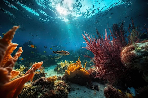 Zwierzęta podwodnego świata z promieniami słonecznymi Podwodny świat Rafa koralowa i ryby Generatywna sztuczna inteligencja