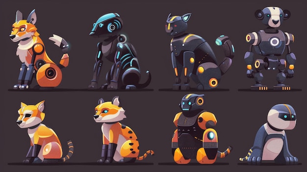 Zwierzęta robotowe cyborg pantera lew lis pingwin gepard kreskówki robotycy cyber postacie mechaniczne i elektroniczne postacie izolowane nowoczesne zestawy
