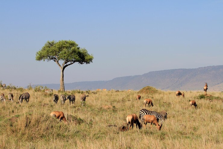 Zdjęcie zwierzęta safari na polu na jasnym niebie