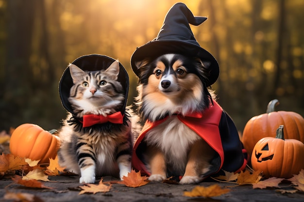 Zwierzęta w kostiumach Zwierzęta przebrane w urocze lub upiorne kostiumy nawiązujące do Halloween