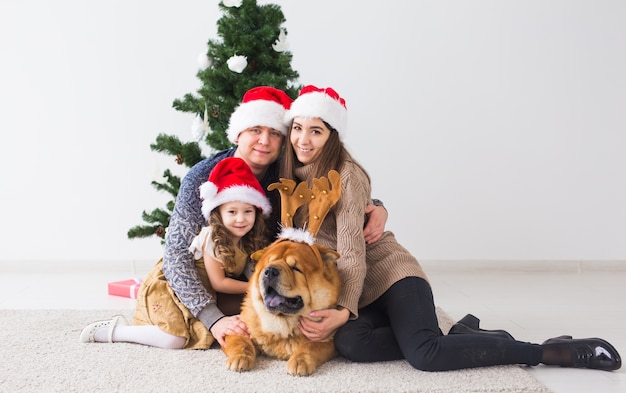 Zwierzęta, wakacje i koncepcja świąteczna - rodzina z psem siedzi na podłodze w pobliżu choinki.