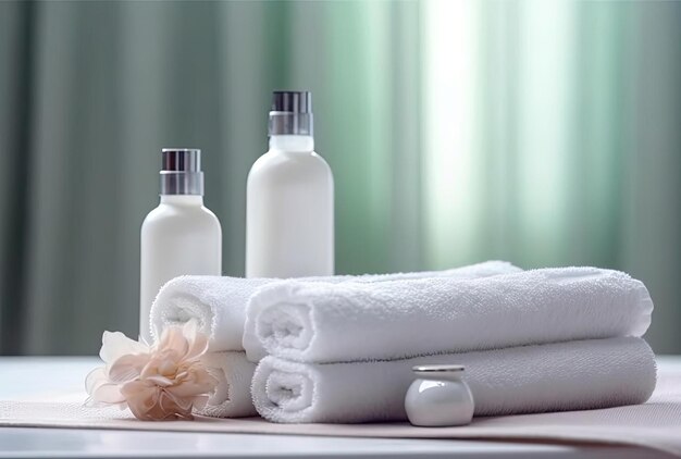 Zwinięte białe ręczniki z butelką kosmetyczną