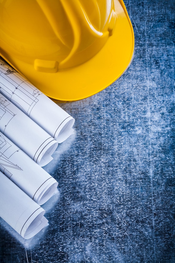 Zdjęcie zwinięte rysunki konstrukcyjne i kask ochronny na koncepcji metalicznej porysowanej powierzchni budynku i architektury