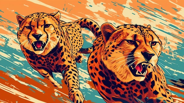 Zwinne gepardy biegnące z dużą prędkością Fantazja koncepcja Ilustracja malarstwo