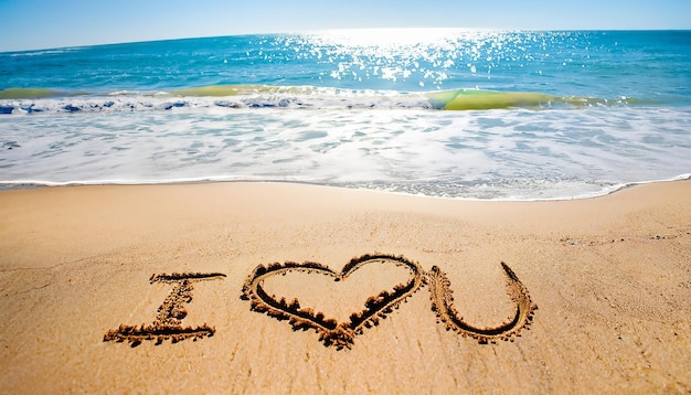 Zwrot "Kocham cię" narysowany na piasku w kształcie serca przez świeży kwiat Lei Romance
