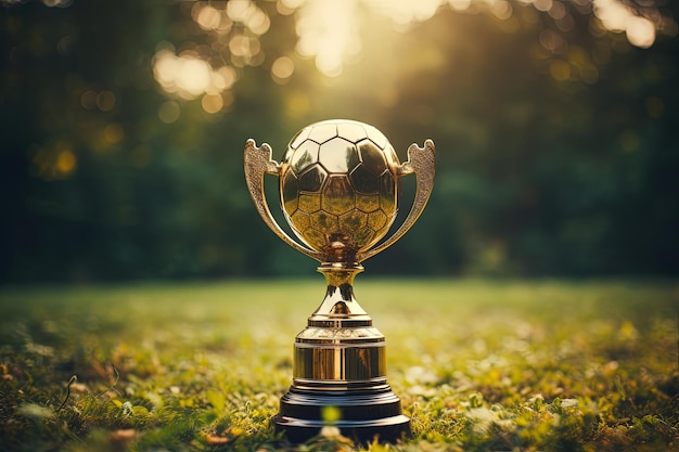 Zwycięski trofeum mistrza i złoty błyszczący Puchar Świata w dziedzinie sportu nagroda z zielonym trawnikiem pola stadionu tła rendering 3d