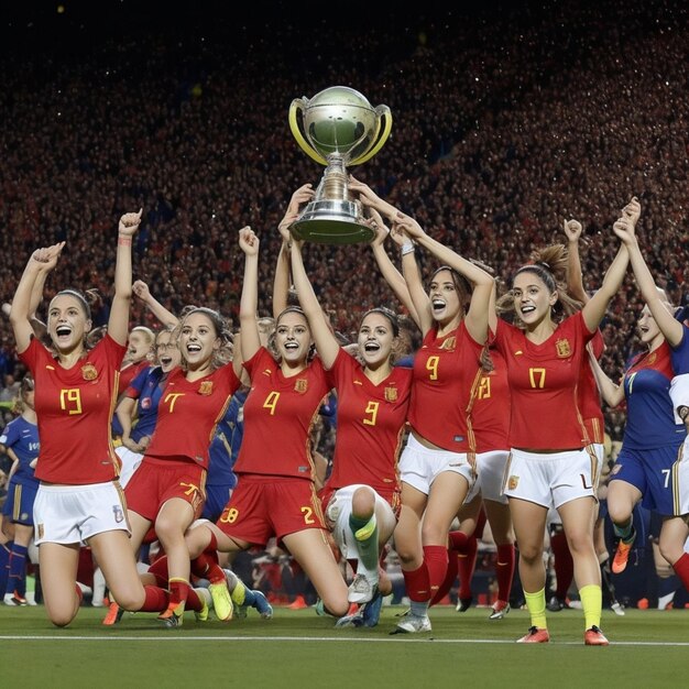 Zwycięstwo dla Hiszpanii kobiecej reprezentacji piłki nożnej piłkarzy szczęście i świętowanie podnosi t
