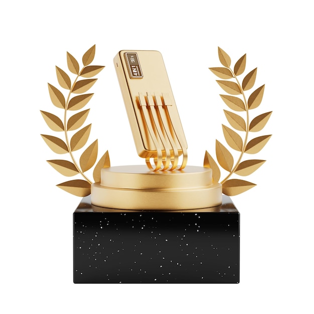 Zwycięzca nagrody Cube Gold Laurel Wreath Podium Stage or Pedestal with Golden Mobile Devices Charging Power Bank 3d Rendering