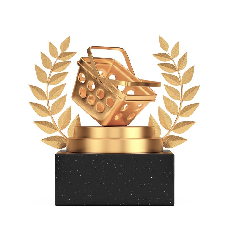 Zdjęcie zwycięzca nagrody kostka złoty wieniec laurowy podium lub cokół ze złotą kreskówką w stylu minimalistycznym koszyk na zakupy spożywcze renderowanie 3d