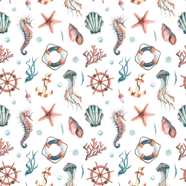 Życie morskie kotwica kierownicy i koło ratunkowe Akwarela ilustracja Jednolity wzór na białym tle z kolekcji SYMFONIA MORSKA Do projektowania tapet z tkanin
