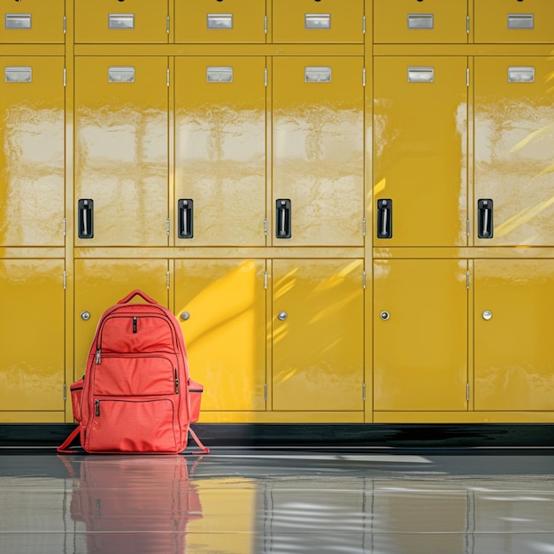 Zdjęcie Życie szkolne symbolizowane czerwony plecak stoi przed żółtymi szafkami dla mediów społecznościowych
