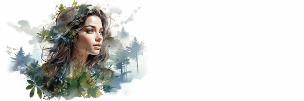 Życie w stylu ekologicznym Wsparcie zdrowia psychicznego Akwarela ilustracja przedstawiająca młodą kobietę z zielonymi drzewami