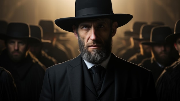 Żyd z brodą w czarnym garniturze i cylindrze na ciemnym tle grupy Żydów