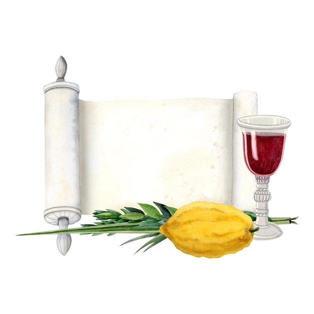 Żydowski szablon baneru powitalnego Sukkot z symbolami Zwoju Tory szkło wina ilustracja akwarelowa