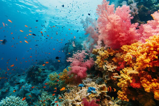 Żyjąca rafa koralowa pełna morskiego życia wygenerowana przez sztuczną inteligencję