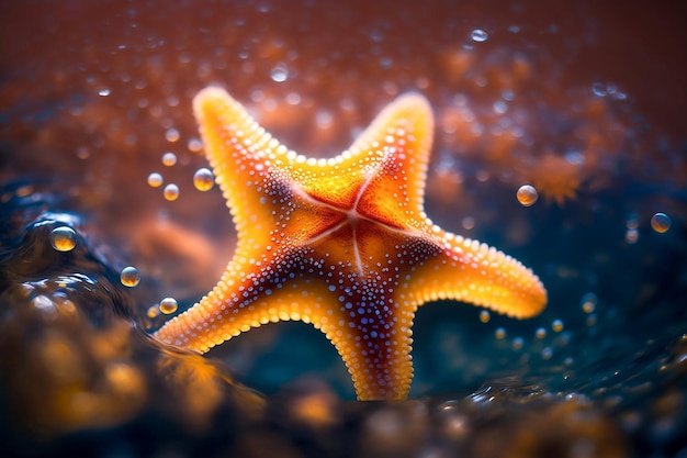 Żyjąca, świecąca gwiazda morska w wodzie morskiej Ostry i szczegółowy portret gwiazdy morskiej