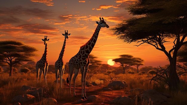 Żyrafa na sawannie z generatywną sztuczną inteligencją o zachodzie słońca