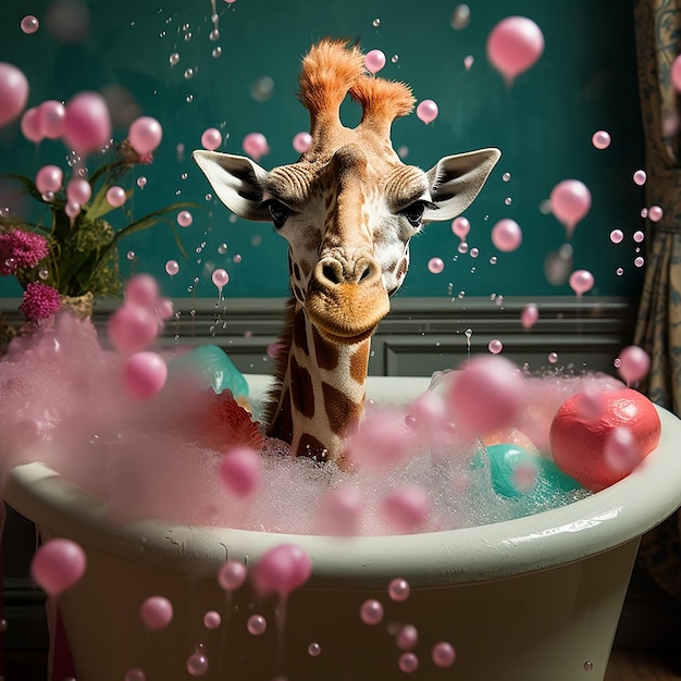 Zdjęcie Żyrafa na zdjęciu w wannie z pęcherzykami wylewającymi się