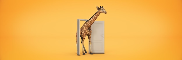 żyrafa przechodzi przez otwarte drzwi renderowania 3d