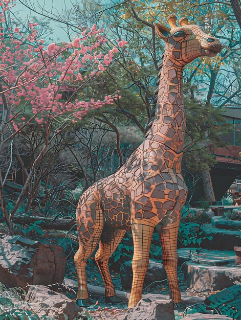 żyrafa stoi przed drzewem z różowymi kwiatami