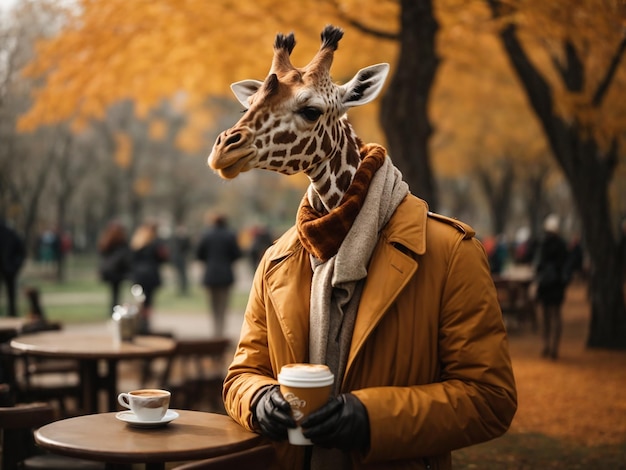 żyrafa stoi przed stołem z filiżanką kawy