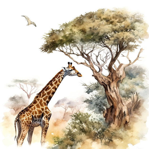 Żyrafa stojąca obok drzewa i ptasi obraz generatywnej sztucznej inteligencji