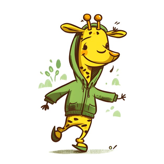 Żyrafa ubrana w zieloną bluzę z kapturem i zielony sweter.