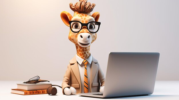 Żyrafa w garniturze biznesowym i krawacie pracuje na laptopie