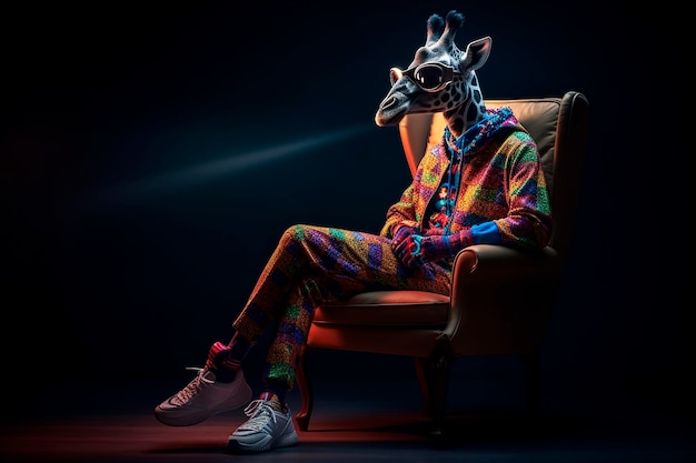 Żyrafa w kolorowym stroju siedzi na krześle w ciemnym pokoju.