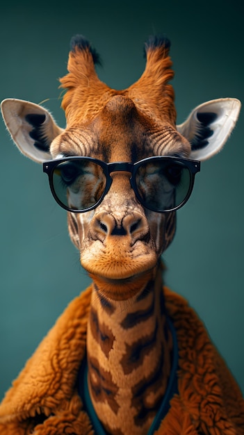 Zdjęcie Żyrafa w okularach przeciwsłonecznych i futrze, eleganckie zwierzę lądowe w przyrodzie