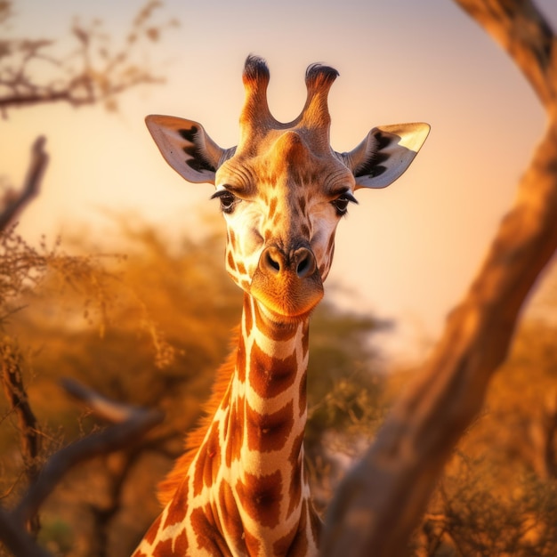 Żyrafa w swoim naturalnym środowisku, fotografia dzikiej przyrody: pełna wdzięku żyrafa pasie się na skąpanej w słońcu afrykańskiej sawannie, a jej długa szyja i cętkowany wzór wyróżniają się na tle dzikiego krajobrazu.