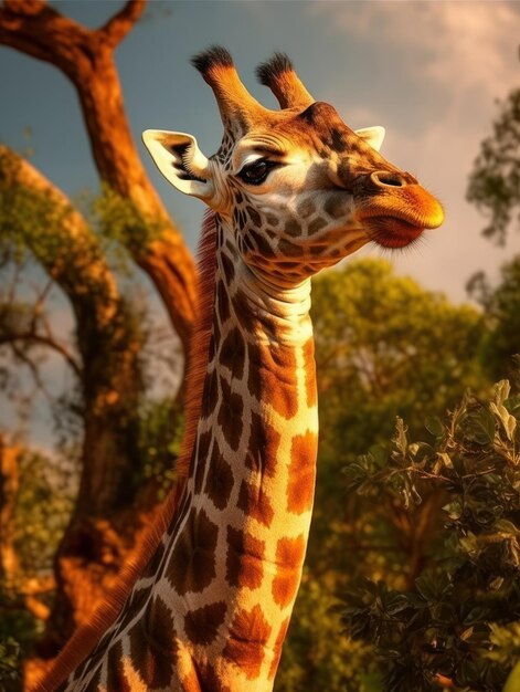 Żyrafa w swoim naturalnym środowisku, fotografia dzikiej przyrody: pełna wdzięku żyrafa pasie się na skąpanej w słońcu afrykańskiej sawannie, a jej długa szyja i cętkowany wzór wyróżniają się na tle dzikiego krajobrazu.