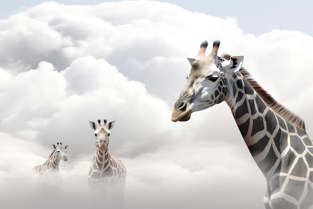 Żyrafa wystawia głowę z chmur