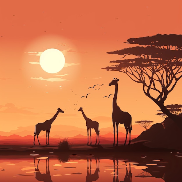Żyrafy i zebry o zachodzie słońca w Afryce
