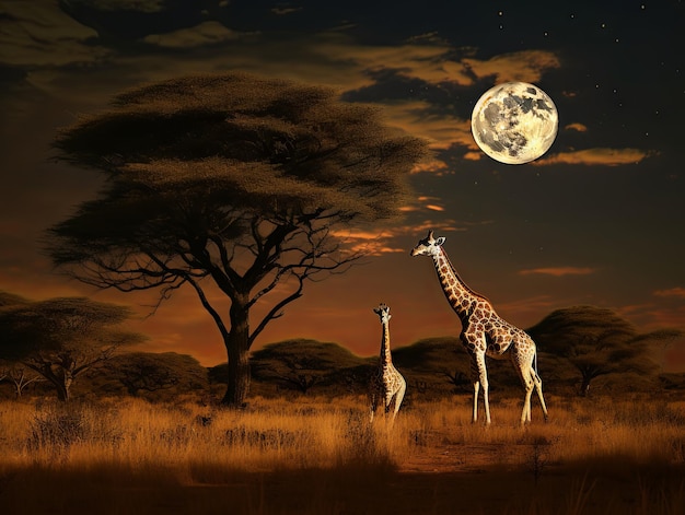 Żyrafy spacerujące po sawannie pod sierpniowym księżycem