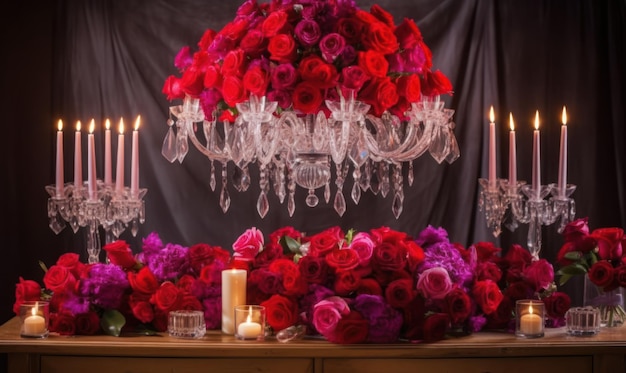 Żyrandol z czerwonymi różami i świecą na nim