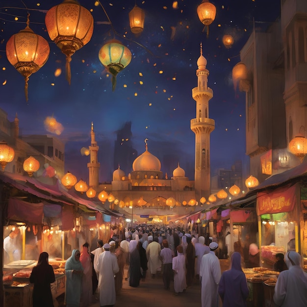 żywa atmosfera nocnego rynku Ramadanu