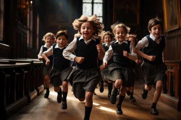 Zdjęcie Żywa grupa dzieci energicznie biegnie po jasno oświetlonym korytarzu dzieci biegnące szkołą ai generowane