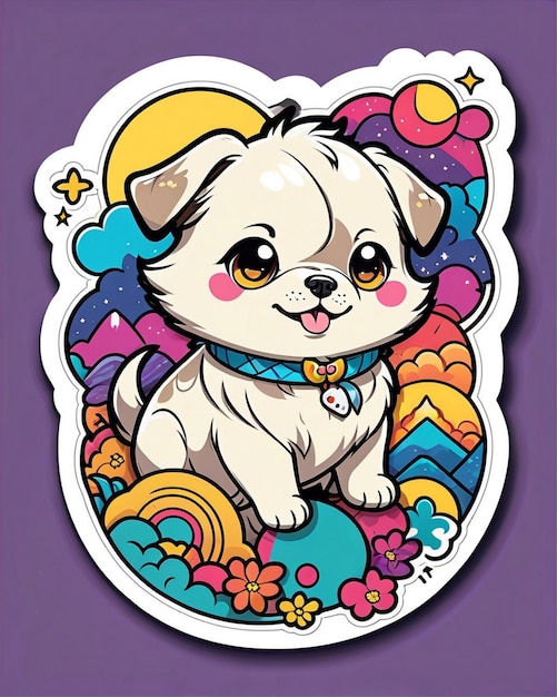 żywa i zabawna ilustracja słodkiej naklejki na psa zainspirowana japońską sztuką kawaii