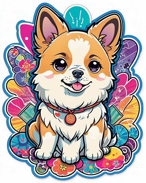 żywa i zabawna ilustracja uroczej naklejki dla psów zainspirowanej japońską sztuką kawaii