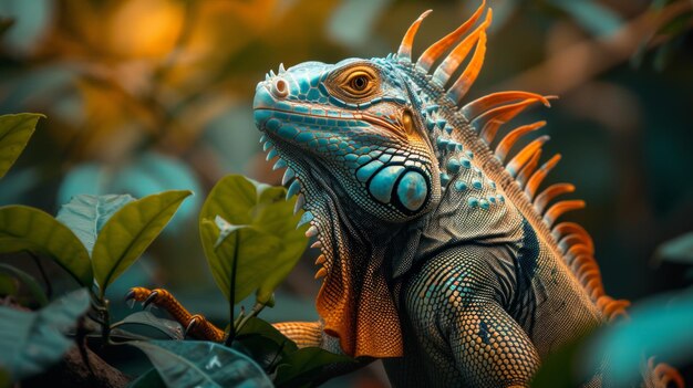 Żywa iguana spoczywa w bujnych liściach
