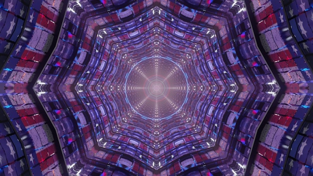 Żywa ilustracja 3d 4K UHD abstrakcyjne geometryczne tło z symetrycznym wzorem i gwiazdami i paskami flagi amerykańskiej wewnątrz oświetlonego futurystycznego tunelu